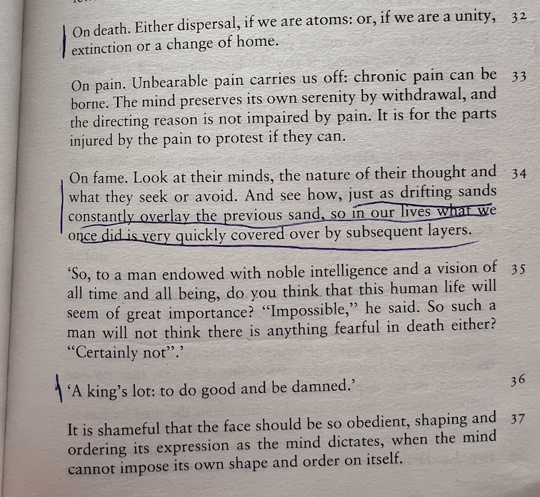 An example of a marked page in Marcus Aurelius's Meditations, showing a highlighted quote and a dog-eared corner.